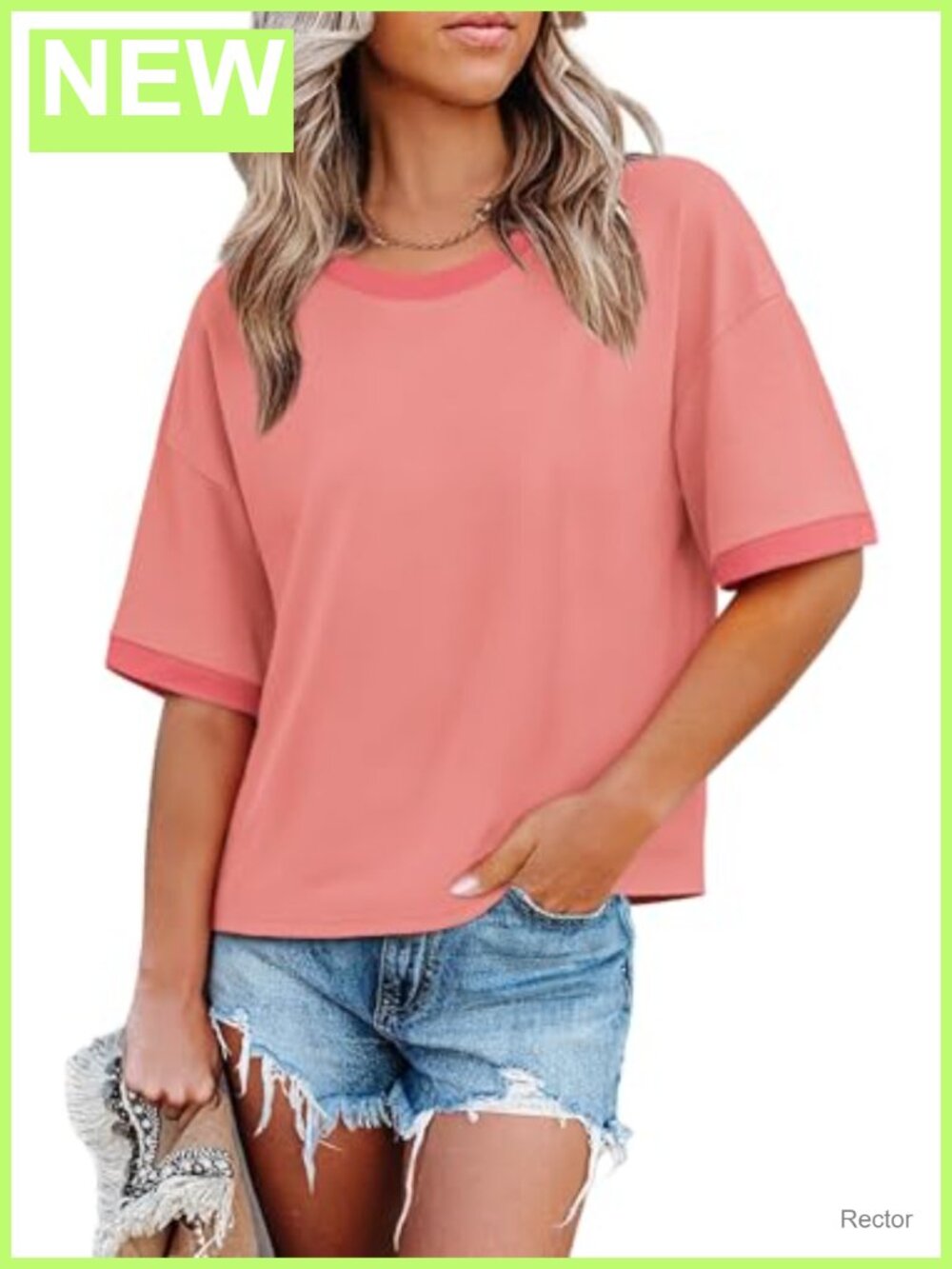 Womens Oversized Color Block Half Sleeve Crew Neck Summer T Shirt